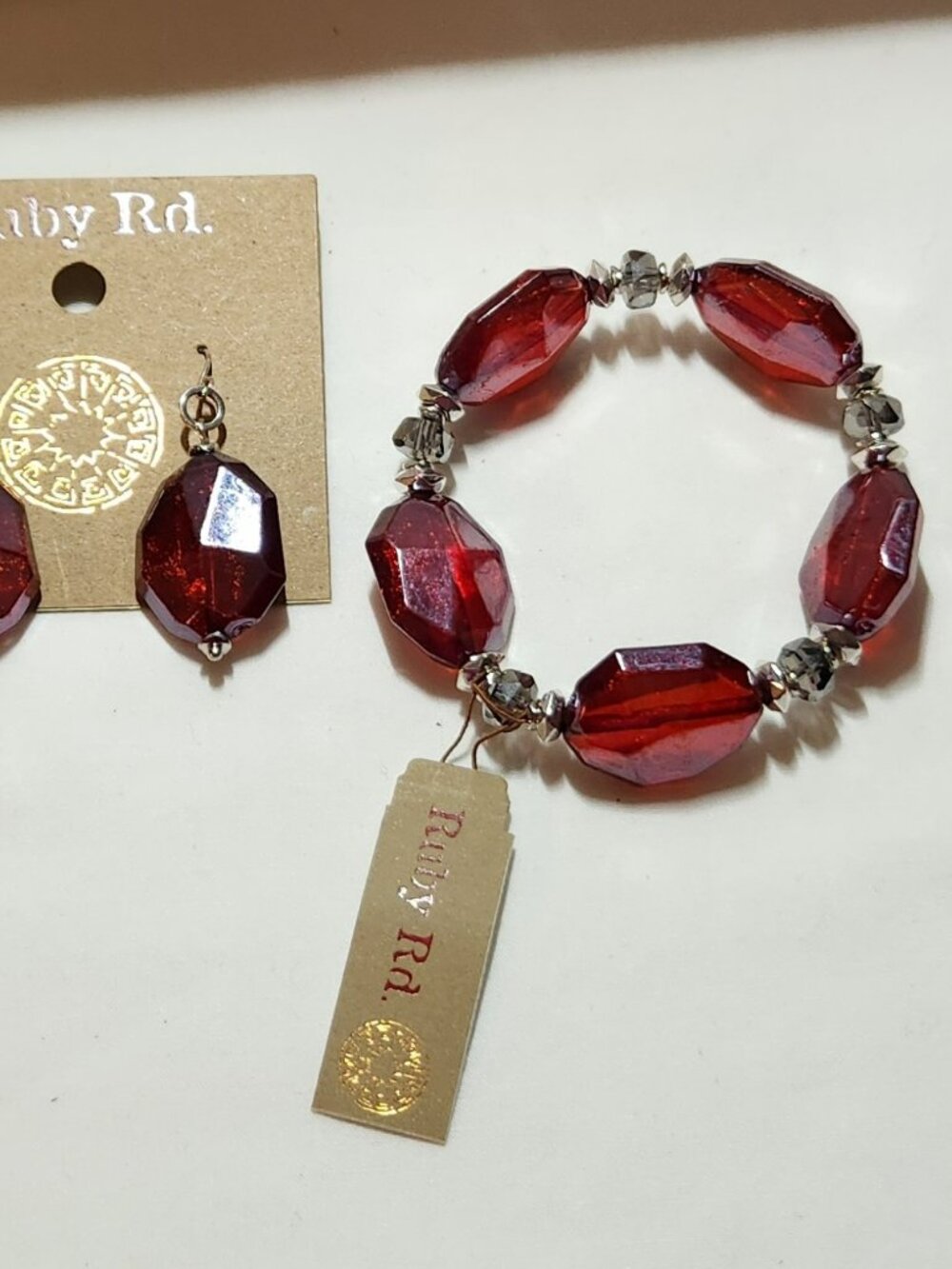 Ruby Rd. bracelet & earrings set red silver tone NWT